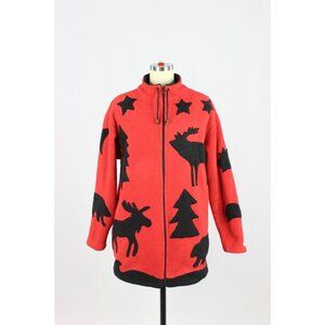 Vintage 00's SUTTLES & SEAWINDS Red Black Reindeer Fleece Zip Up Jacket, Size S